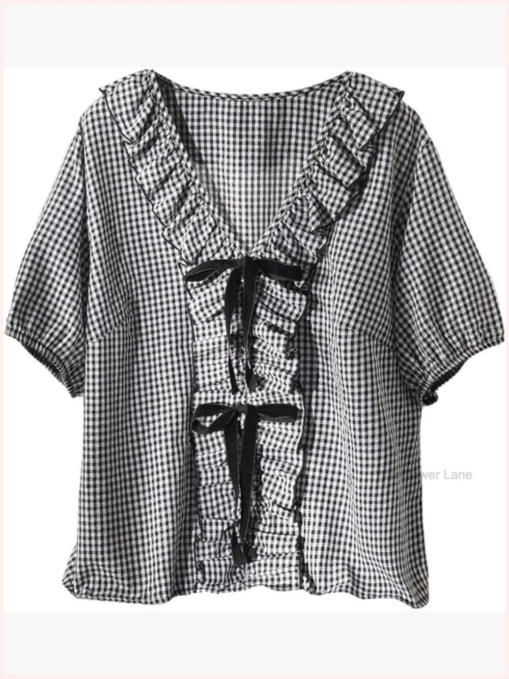 Plus Size Bow Gingham Blouse Ruffle V Neck Short Sleeve Cute Summer Tops